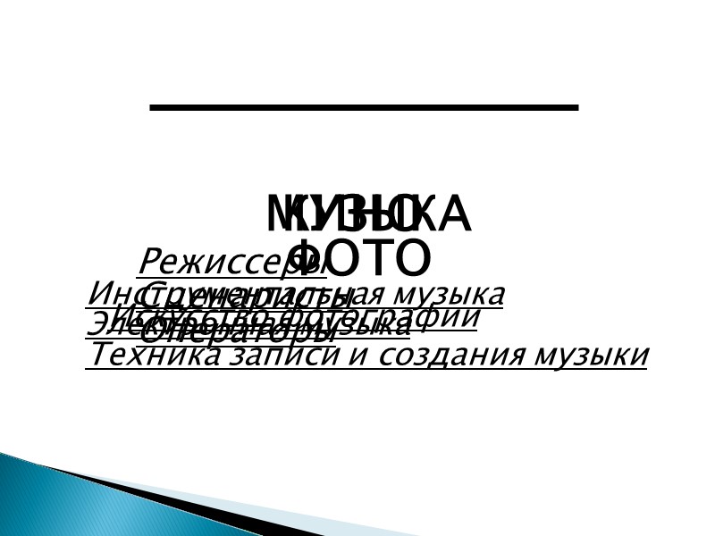 КИНО ФОТО  МУЗЫКА Режиссеры Сценаристы Операторы Инструментальная музыка Электронная музыка Техника записи и
